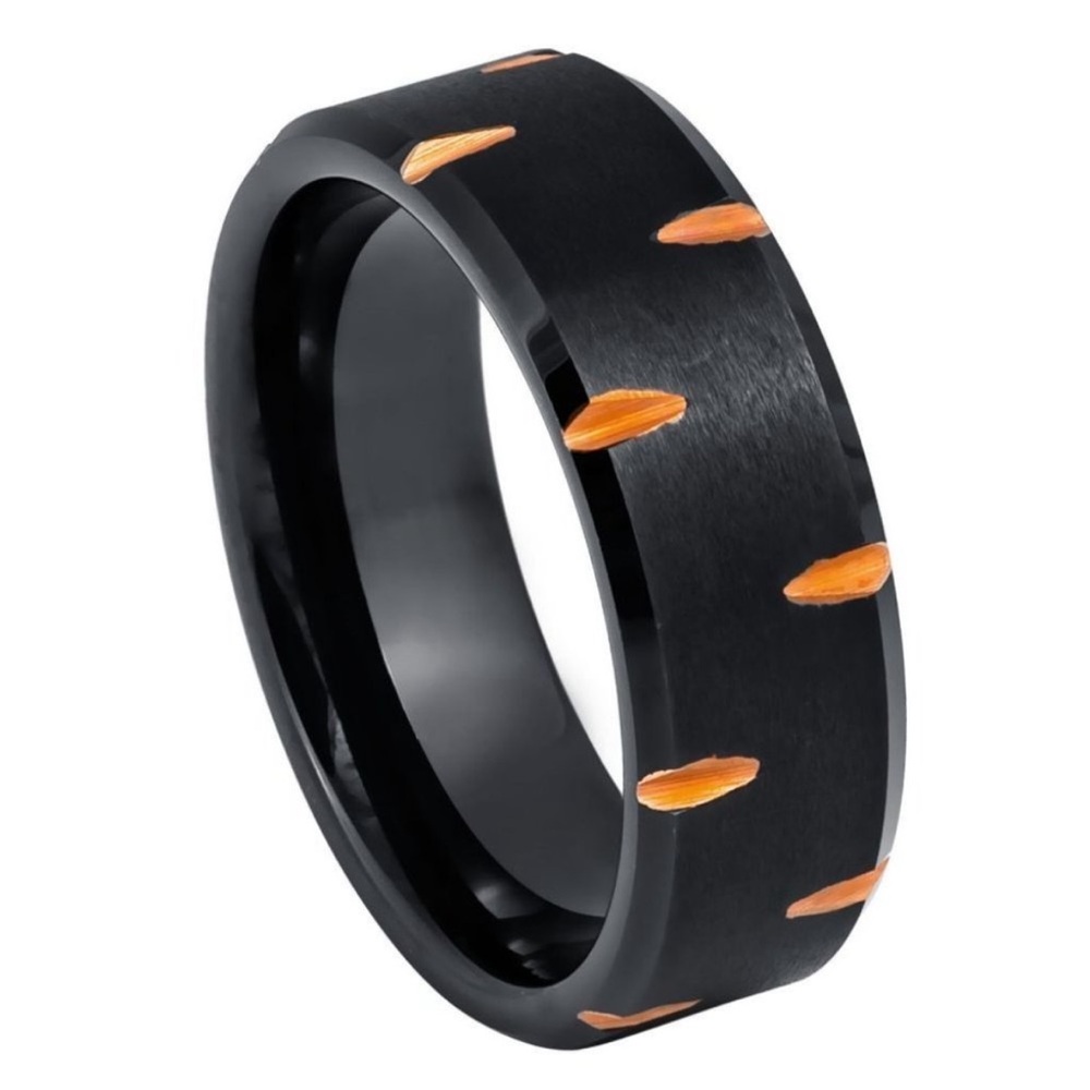Tungsten Ring Black plated with Rose wedge cuts Wedding Band